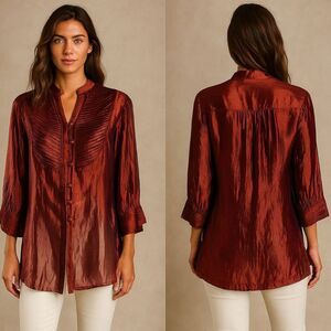 Mixay 100% Silk Blouse M Burgundy Crinkle Tie-Dye Artisan Laos Boho Luxe Top